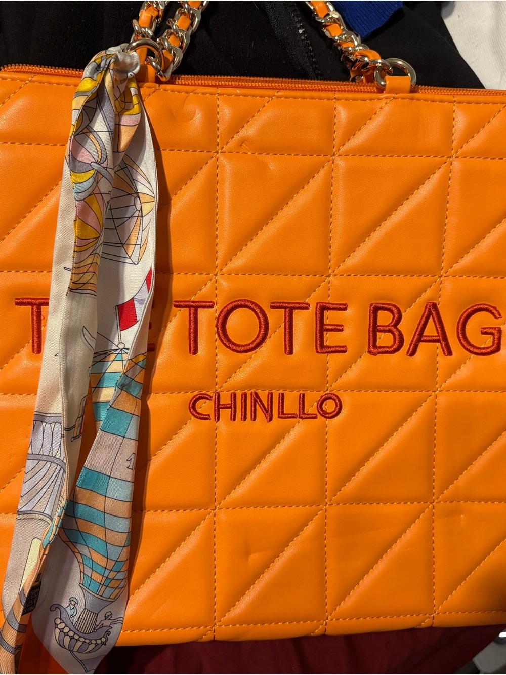 The Tote Bag. Orange Quilted Tote Bag with Chain Handles